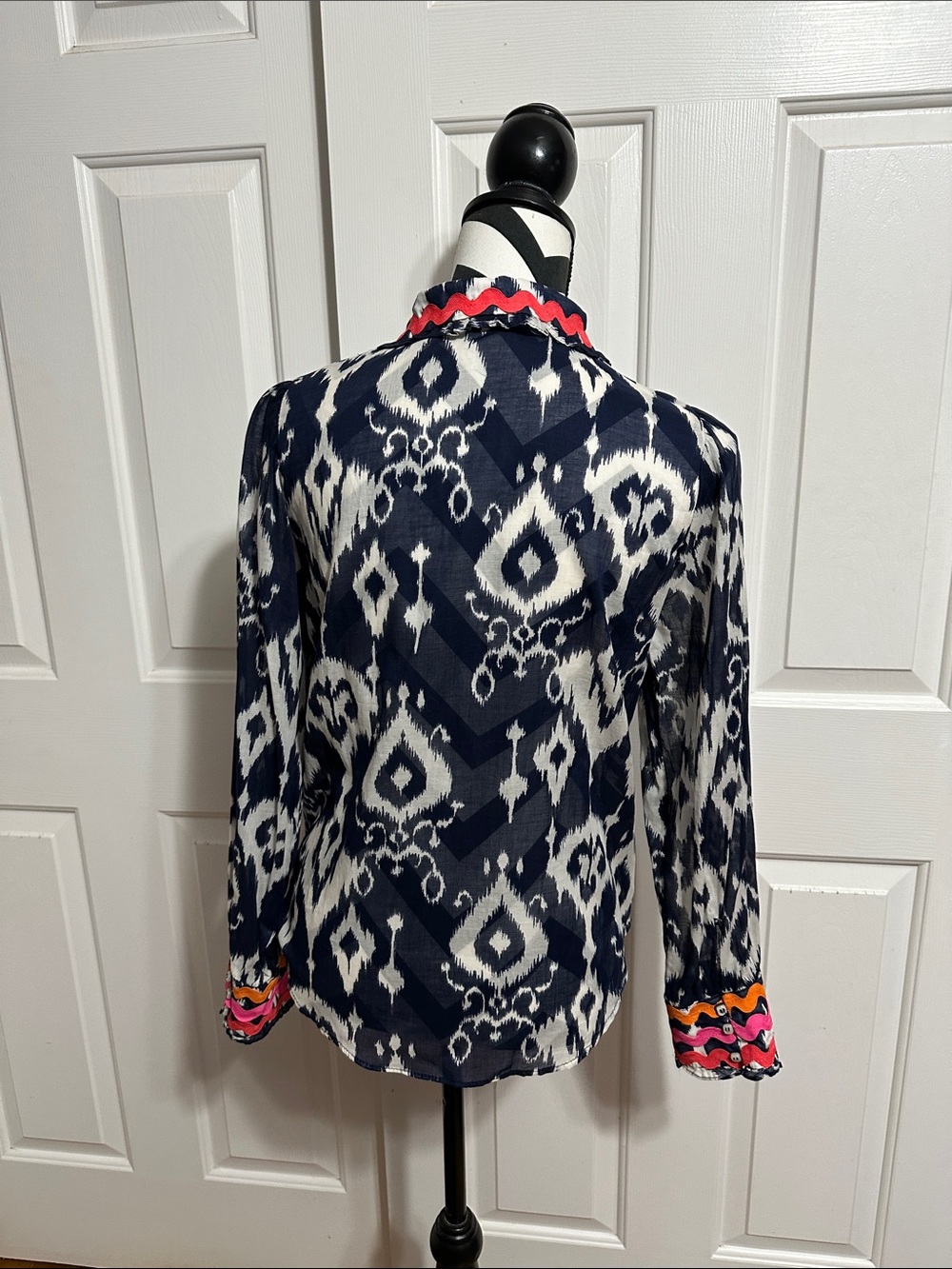 Vilagallo Navy and White Ikat Button-Down Shirt with Pink and Orange Trim - Picture 3 of 5